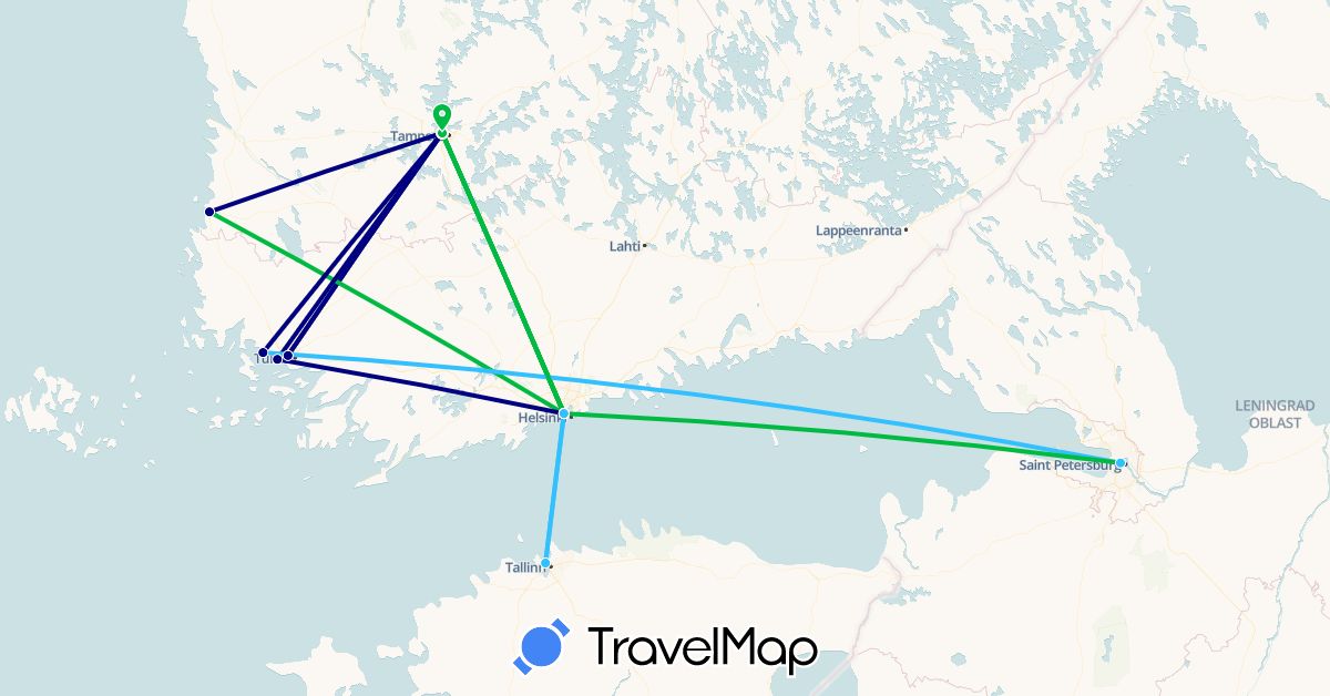 TravelMap itinerary: driving, bus, plane, boat in Estonia, Finland, Russia (Europe)