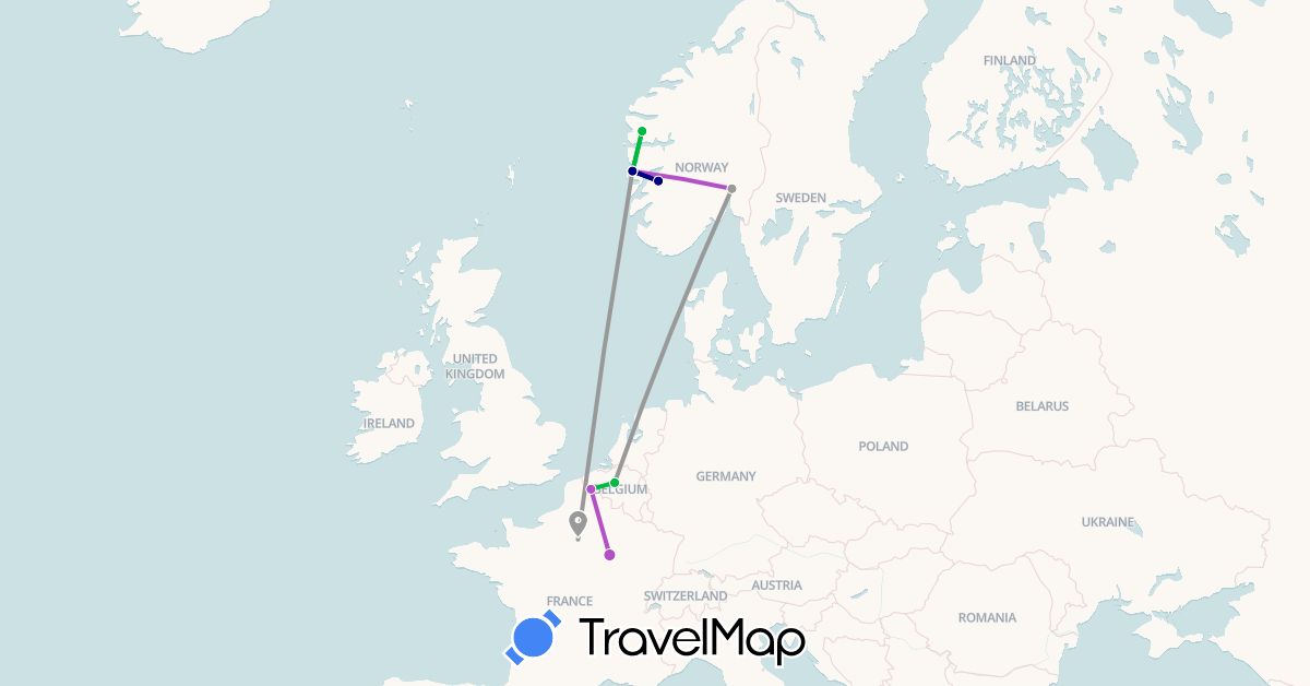 TravelMap itinerary: driving, bus, plane, train in Belgium, France, Norway (Europe)